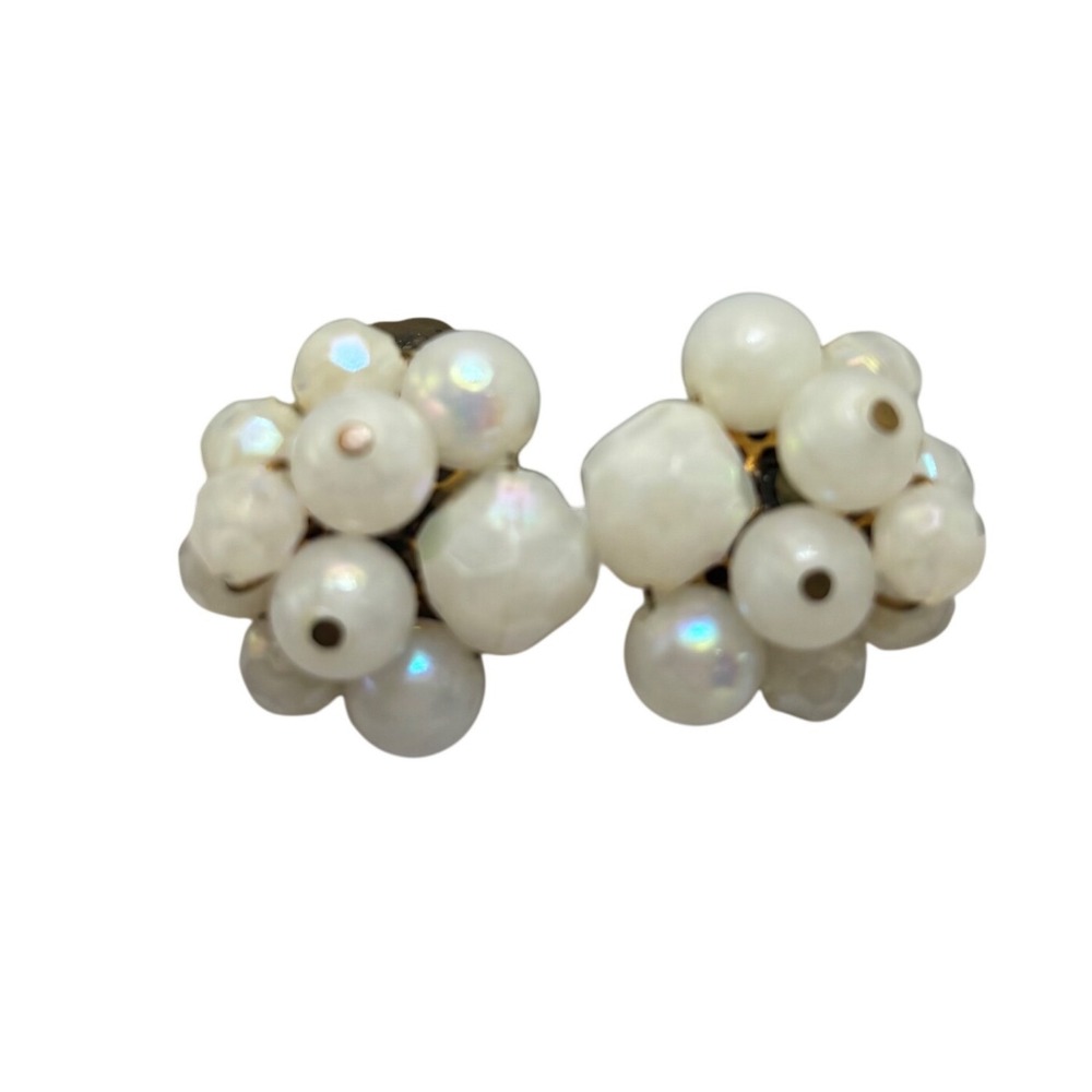 Vintage 50s MCM‎ Western Germany Faux Pearl Cluster Clip Earrings AB Iridescent